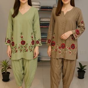 Coord Set with Tulip Pants – Olive Green & Earth Brown