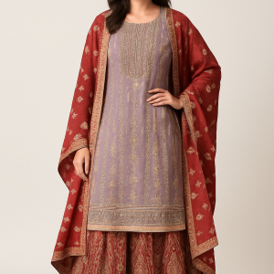 Gharara set with flared skirt and ornate work, styled for an ethnic fashion
