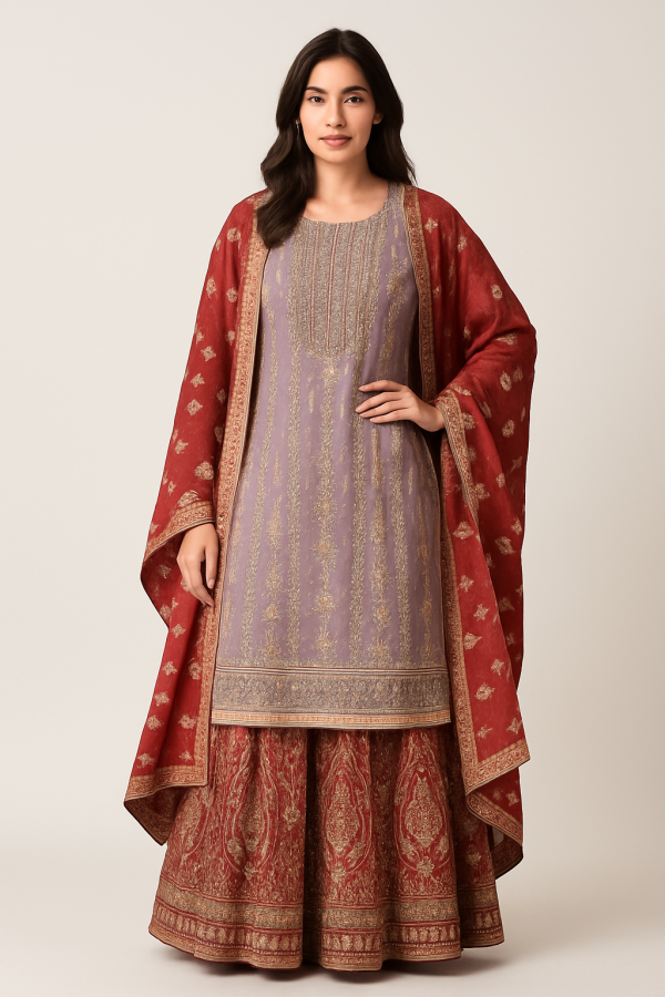 Gharara set with flared skirt and ornate work, styled for an ethnic fashion