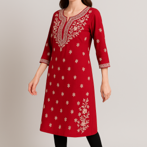 A woman wearing a beige long Chikankari kurti with elegant embroidery, perfect for festive and semi-formal occasions
