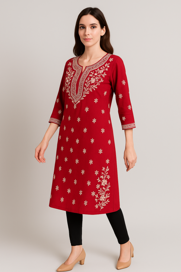 A woman wearing a beige long Chikankari kurti with elegant embroidery, perfect for festive and semi-formal occasions