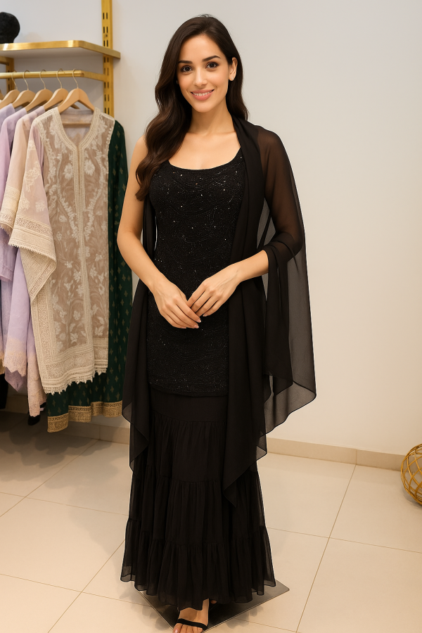 Elegant Midnight Black Tiered Gown with Mirror & Sequin Embellishments - Image 2