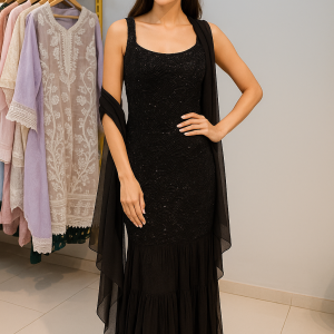 black embellished tiered gown at The Elegance Corner