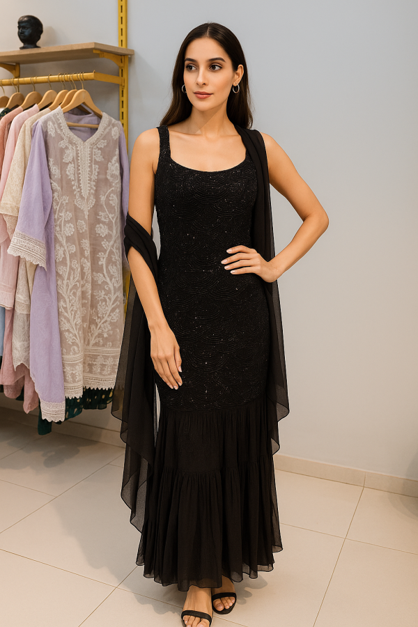 black embellished tiered gown at The Elegance Corner