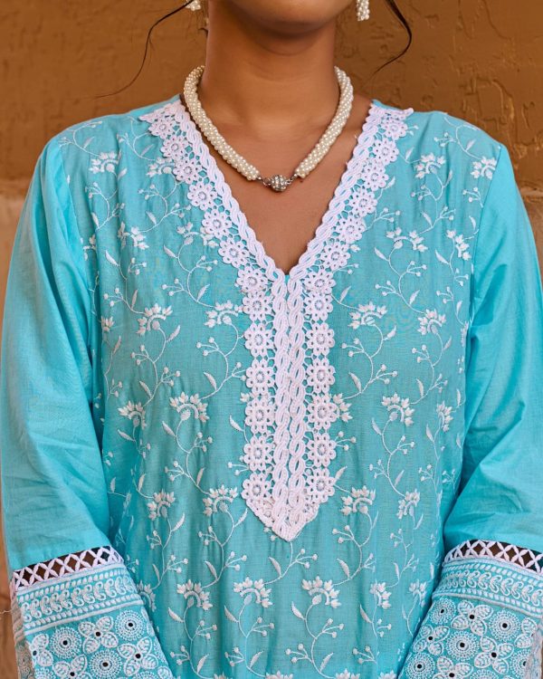 Sky Blue Embroidered Cotton Kurti Set – 3 Piece - Image 3