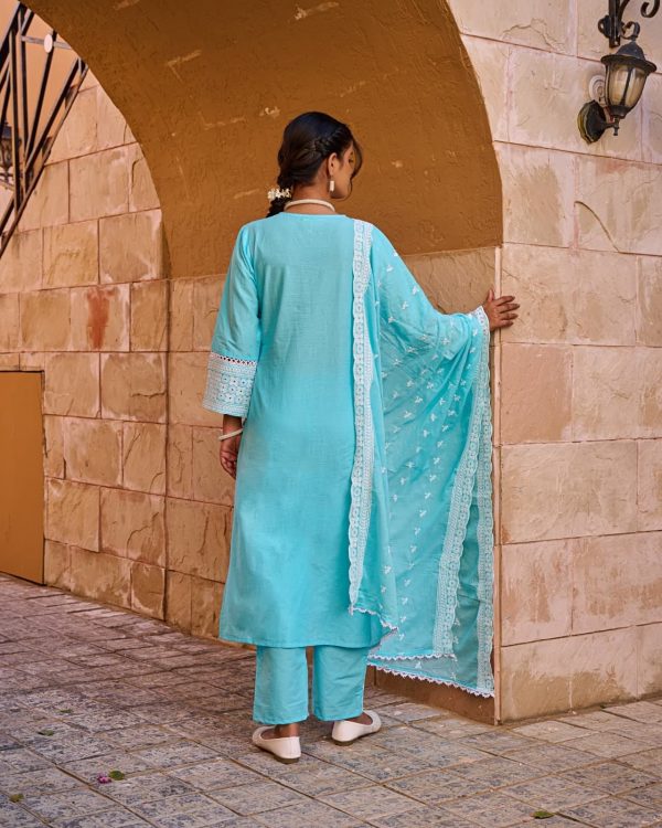 Sky Blue Embroidered Cotton Kurti Set – 3 Piece - Image 2