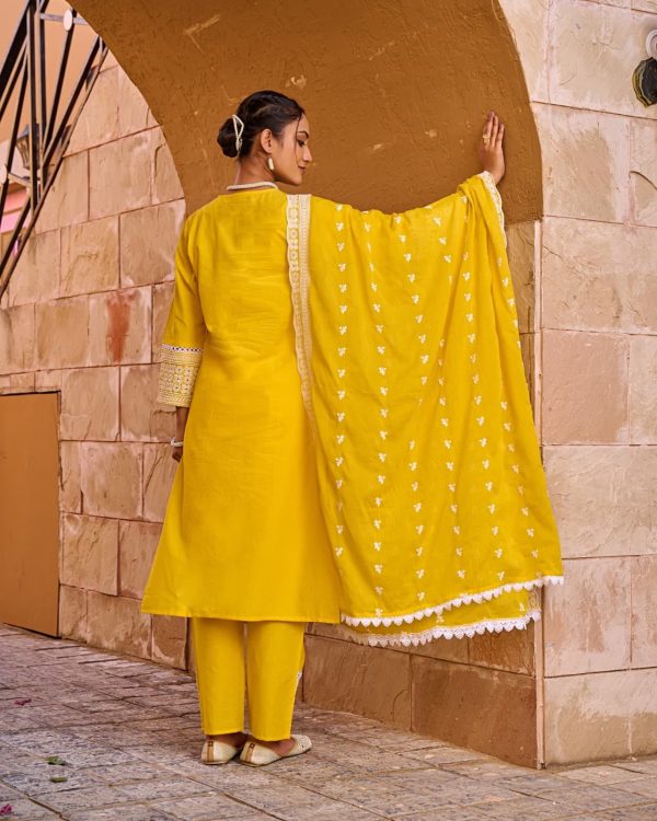 Marigold Yellow Embroidered Cotton Kurti Set – 3 Piece - Image 3