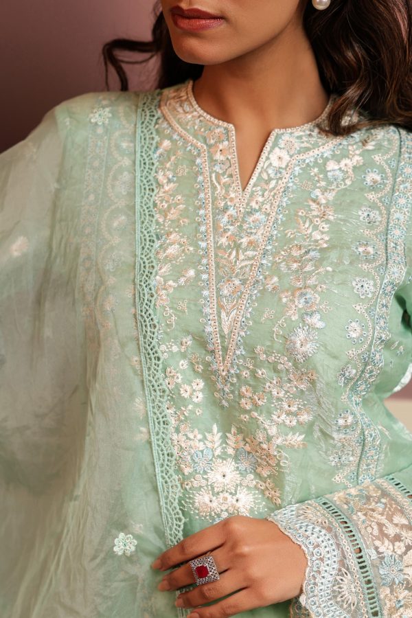 Mint green embroidered ready-made suit with intricate floral - Image 3