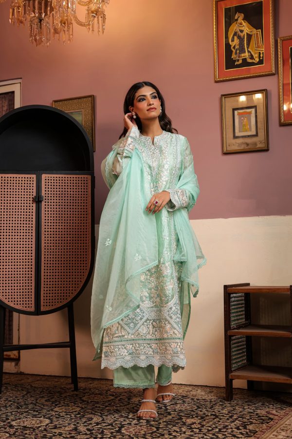 Mint green embroidered ready-made suit with intricate floral - Image 4