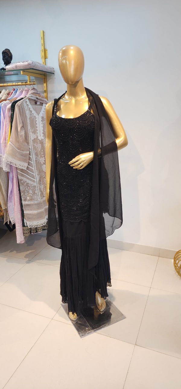 Elegant Midnight Black Tiered Gown with Mirror & Sequin Embellishments - Image 3
