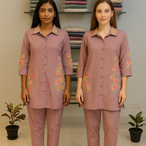 mauve floral embroidered coord sets with lace-trim pants – The Elegance Corner