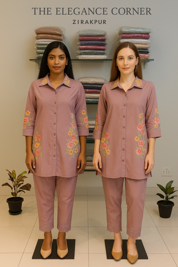 mauve floral embroidered coord sets with lace-trim pants – The Elegance Corner