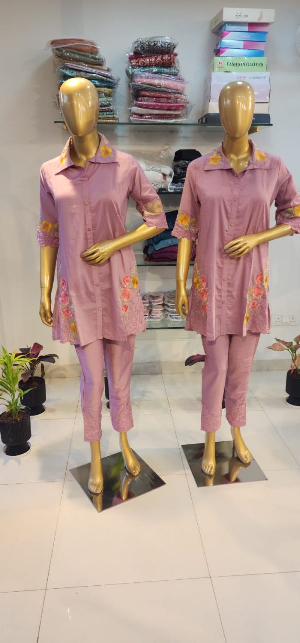 Blossom Mauve Coord Set with Floral Embroidery & Lace Trim Pants - Image 2