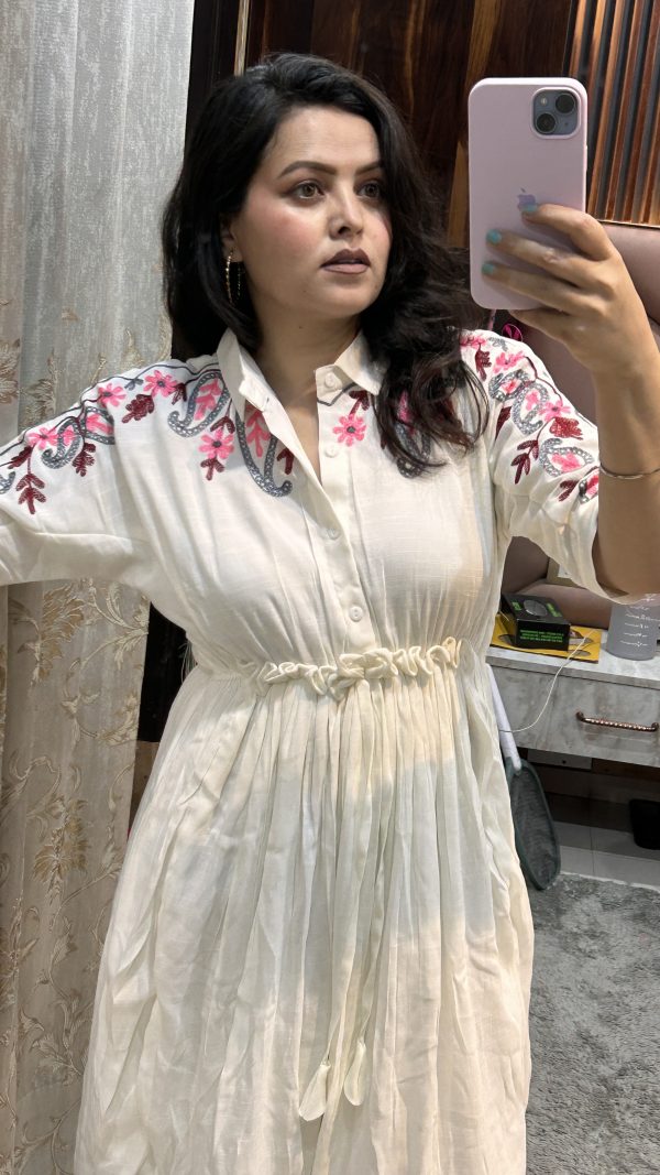 Elegant Ivory Flair Dress with Floral Embroidered Yoke - Image 3