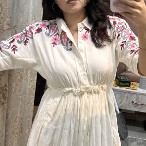 Elegant Ivory Flair Dress with Floral Embroidered Yoke