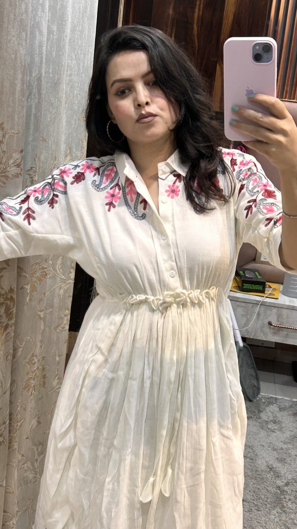 Elegant Ivory Flair Dress with Floral Embroidered Yoke