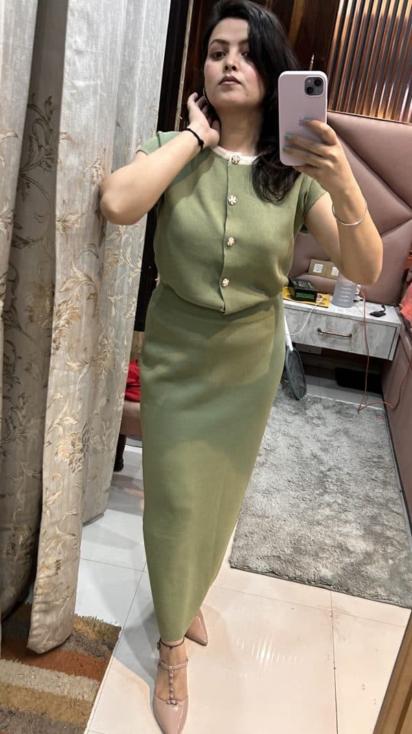 Olive Charm Co-ord Set with Statement Skirt & Pearl Buttons - Image 3