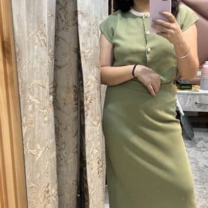 Olive Charm Co-ord Set with Statement Skirt & Pearl Buttons