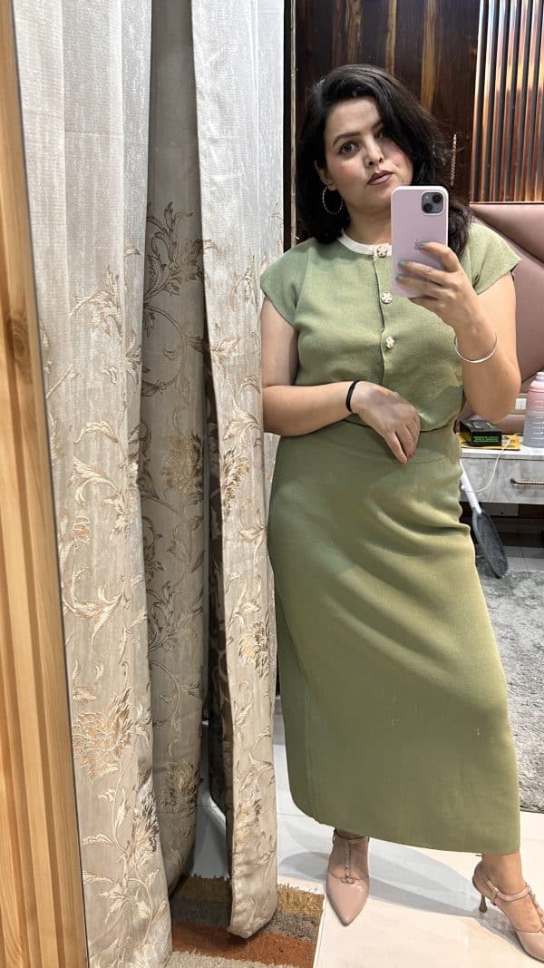 Olive Charm Co-ord Set with Statement Skirt & Pearl Buttons