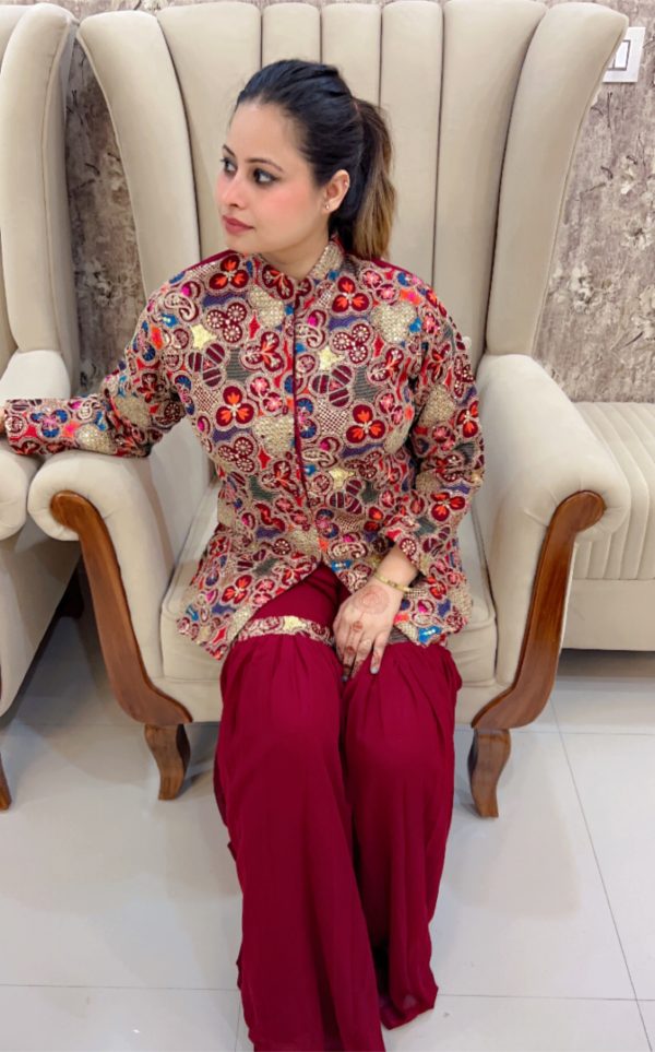 Regal Embroidered Jacket & Maroon Sharara Set - Image 2