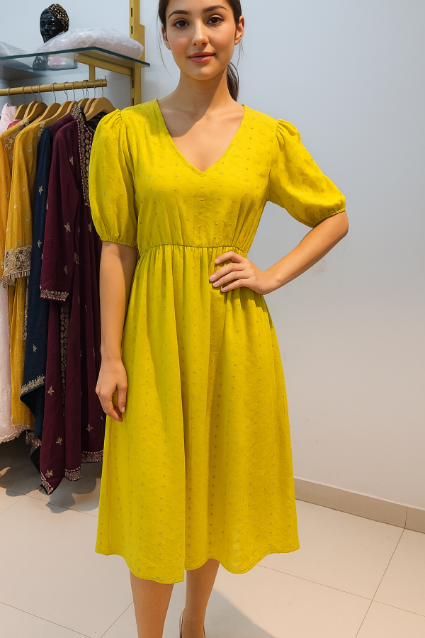 Woman wearing a bright yellow puff sleeve midi dress in boutique setting